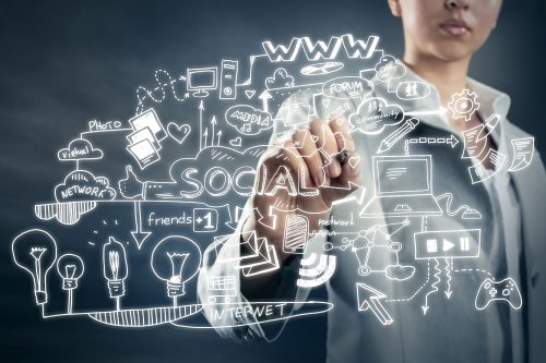 Close view of businesswoman drawing strategy plan on screen